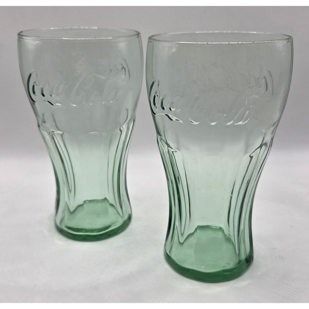 Set of 2 Green-Tinted Embossed Coca Cola Coke Drinking Glasses Tumblers